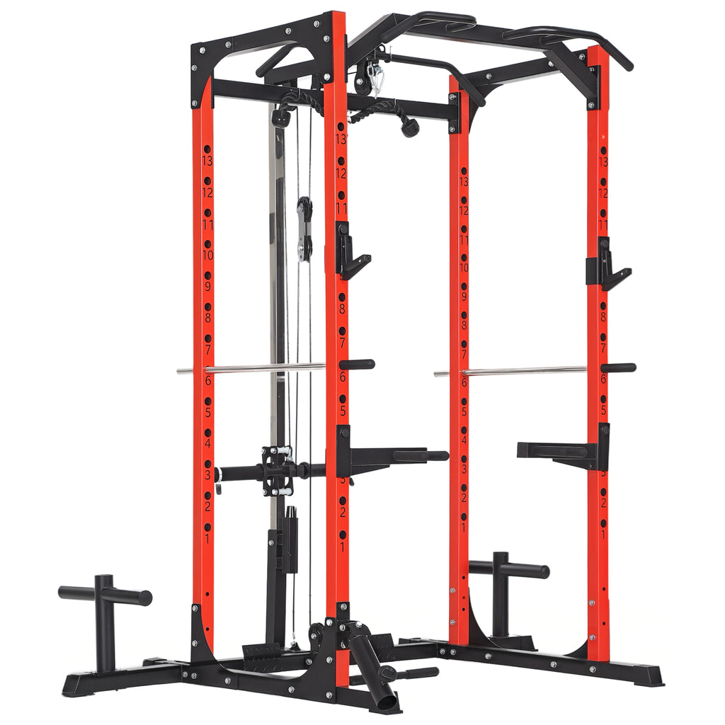 Fitness Station with Barbell Support and Pull-Up and Dip Bar, in Steel, 191x153x205 cm, Red and Black