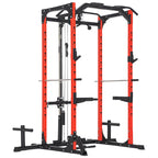 Fitness Station with Barbell Support and Pull-Up and Dip Bar, in Steel, 191x153x205 cm, Red and Black
