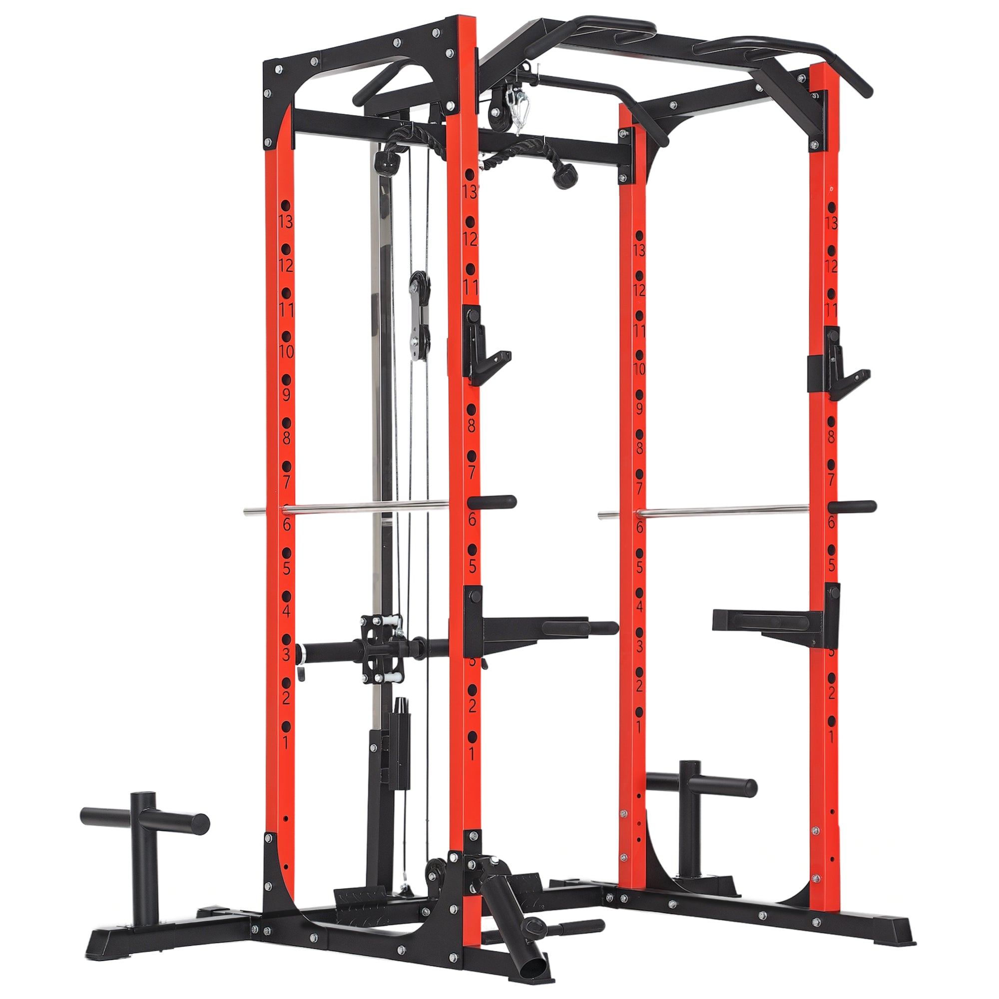 Fitness Station with Barbell Support and Pull-Up and Dip Bar, in Steel, 191x153x205 cm, Red and Black