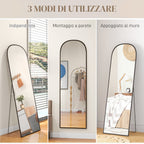 Modern Floor and Wall Mirror in Aluminum Alloy with Folding Stand, 50x161.5cm, Black - Borgè