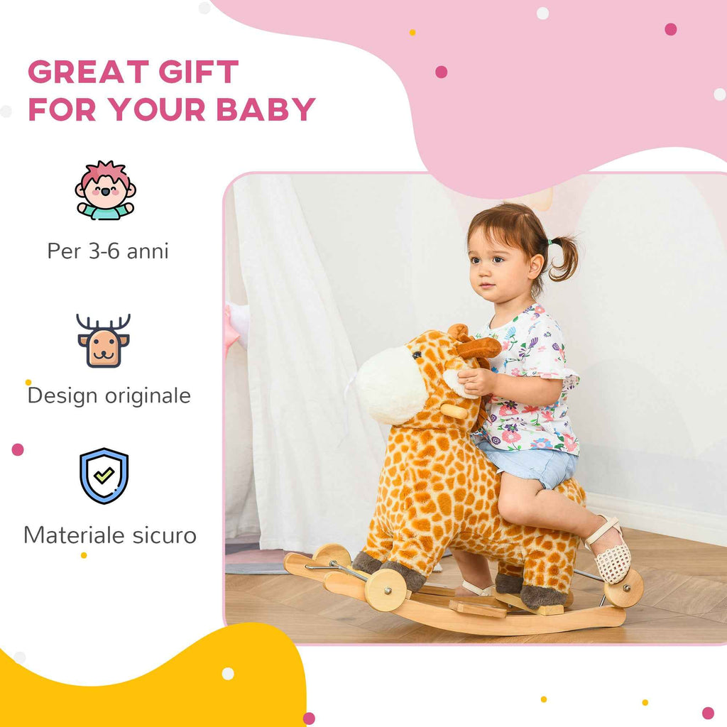 HOMCOM Giraffe Rocking Horse for Children Ages 3-6 with Wheels and Sounds, 63x38x63cm, Yellow