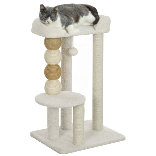 Cat Tower with Bed, Platform and Toy Ball, Made of Wood, Plush and Jute, 48.5x40x76 cm, Beige