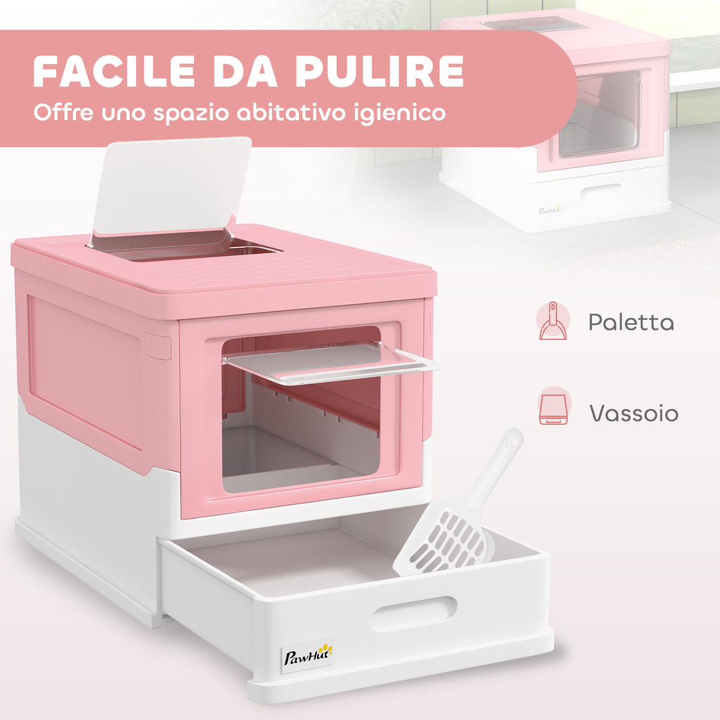 Closed PP Cat Litter Box with 2 Doors with Scoop and Removable Tray, 47.5x35.5x36.7 cm, Pink and White