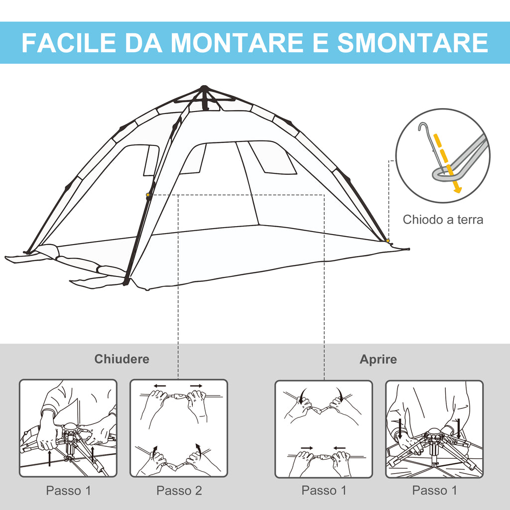 Pop Up Beach Tent with Zipper Door, in Polyester and Fiberglass, 220x173x120 cm, Light Blue and Yellow