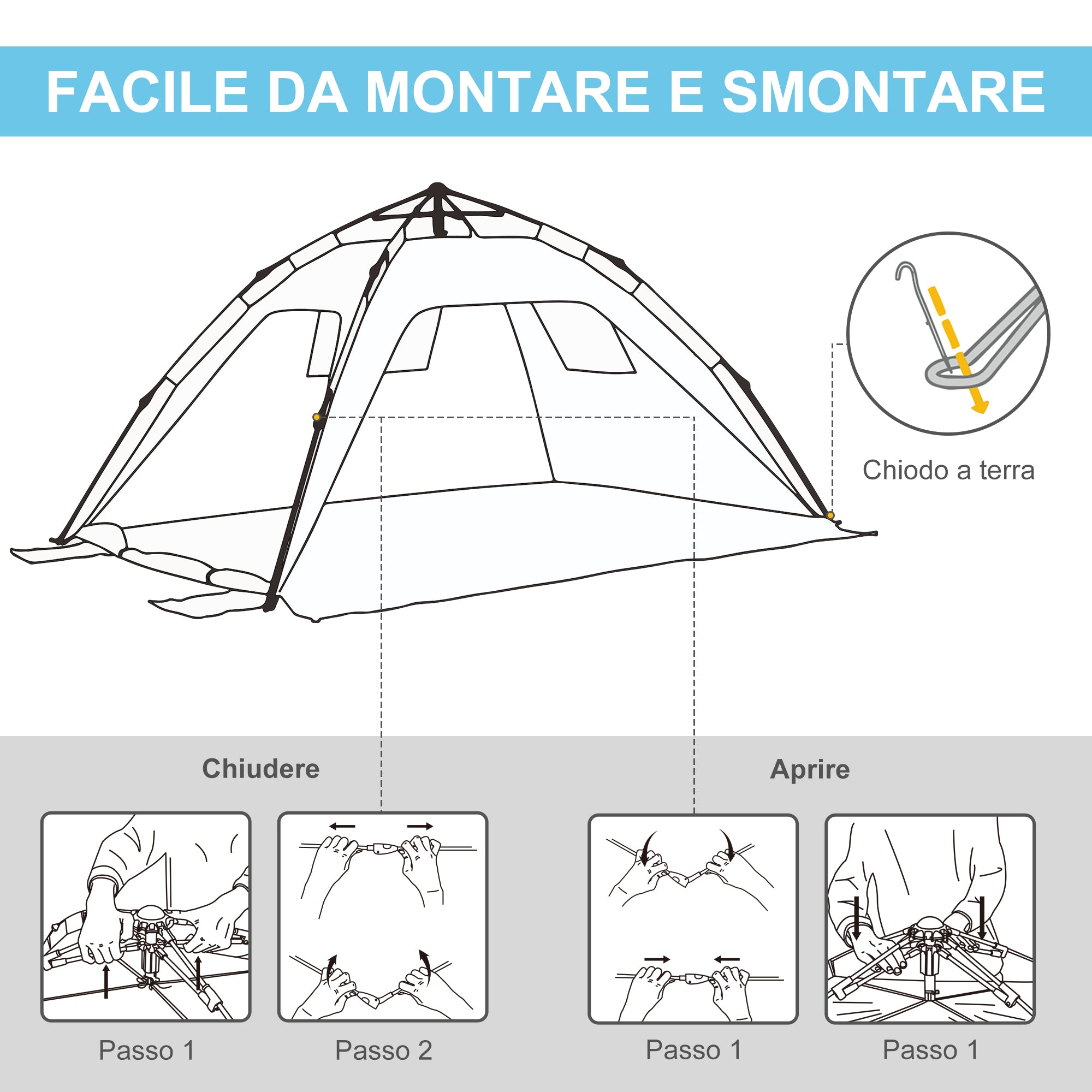 Pop Up Beach Tent with Zipper Door, in Polyester and Fiberglass, 220x173x120 cm, Light Blue and Yellow