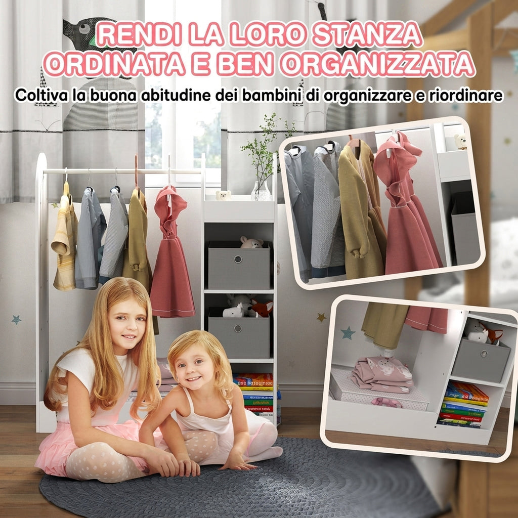 AIYAPLAY Children's Coat Rack for 3-8 Years Old with Shelves, 2 Storage Boxes, Hanging Rail and Mirror, 30 kg Capacity, White