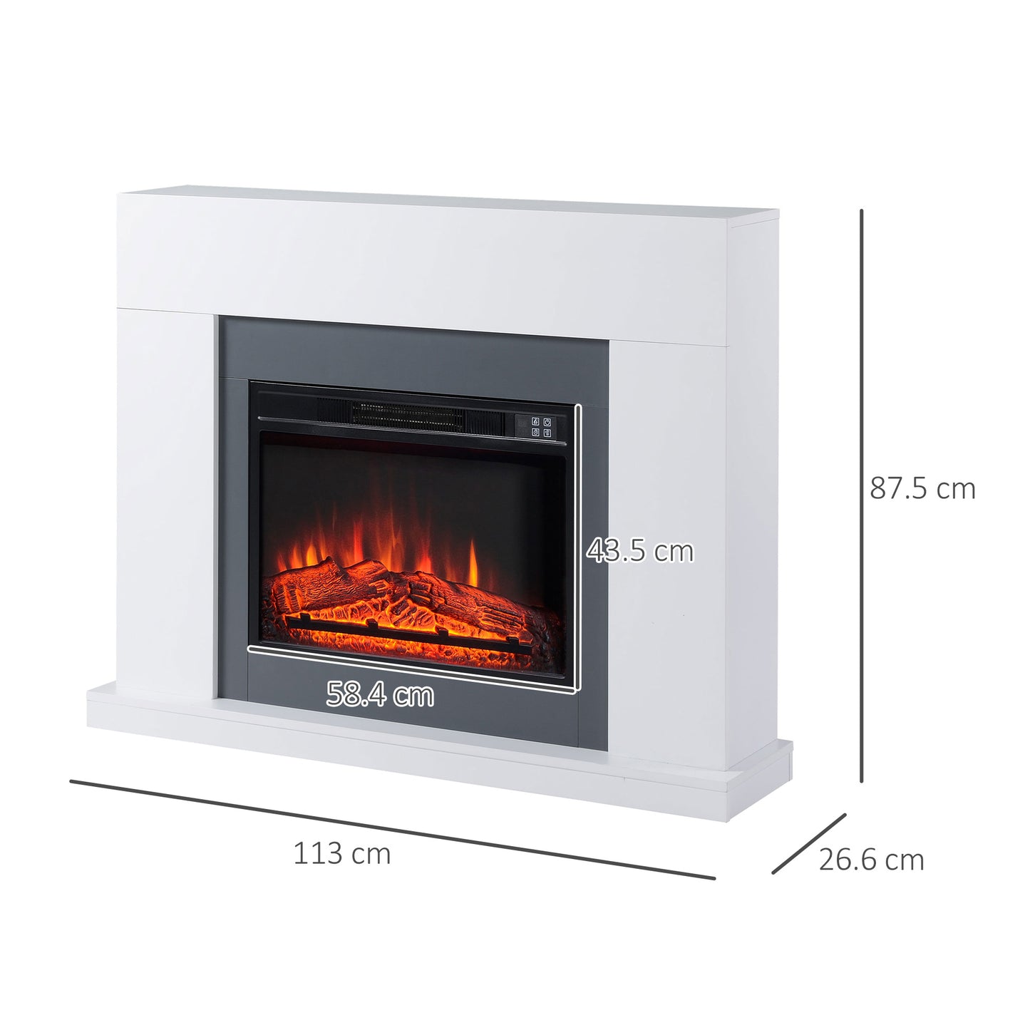 Electric Fireplace Wall Mounted with LED Flame Effect and Timer, 37m² Coverage, 2000W - White