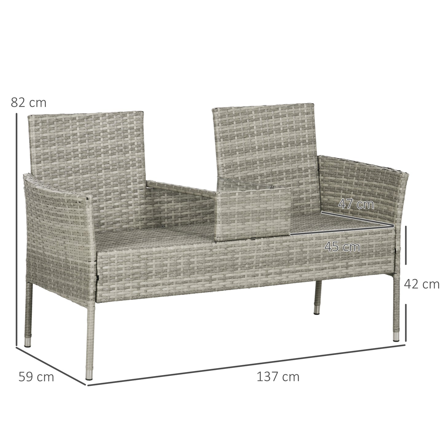 2-Seater Outdoor Sofa with Coffee Table, in Steel and PE Rattan, 137x59x82 cm, Gray and Cream - Borgè