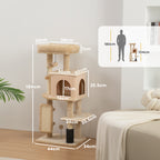 Multi-Level Cat Tree, 104 cm Tall, with House, Bed, Scratching Posts, Brush and Ball, Beige