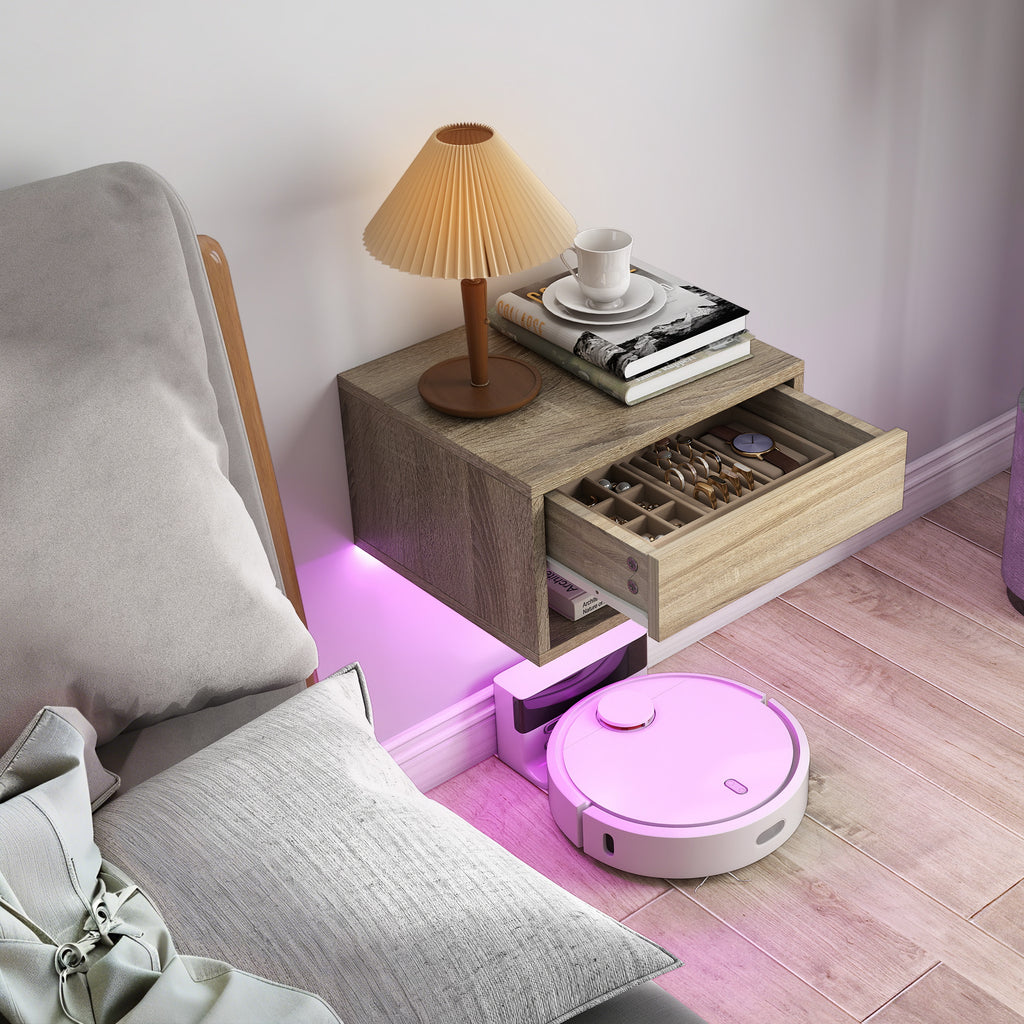 HOMCOM Set of 2 Wall-Mounted Bedside Tables with Built-in RGB LED Lights, Adjustable via APP, Drawer and Shelf, 37x32x21 cm, Wood Color