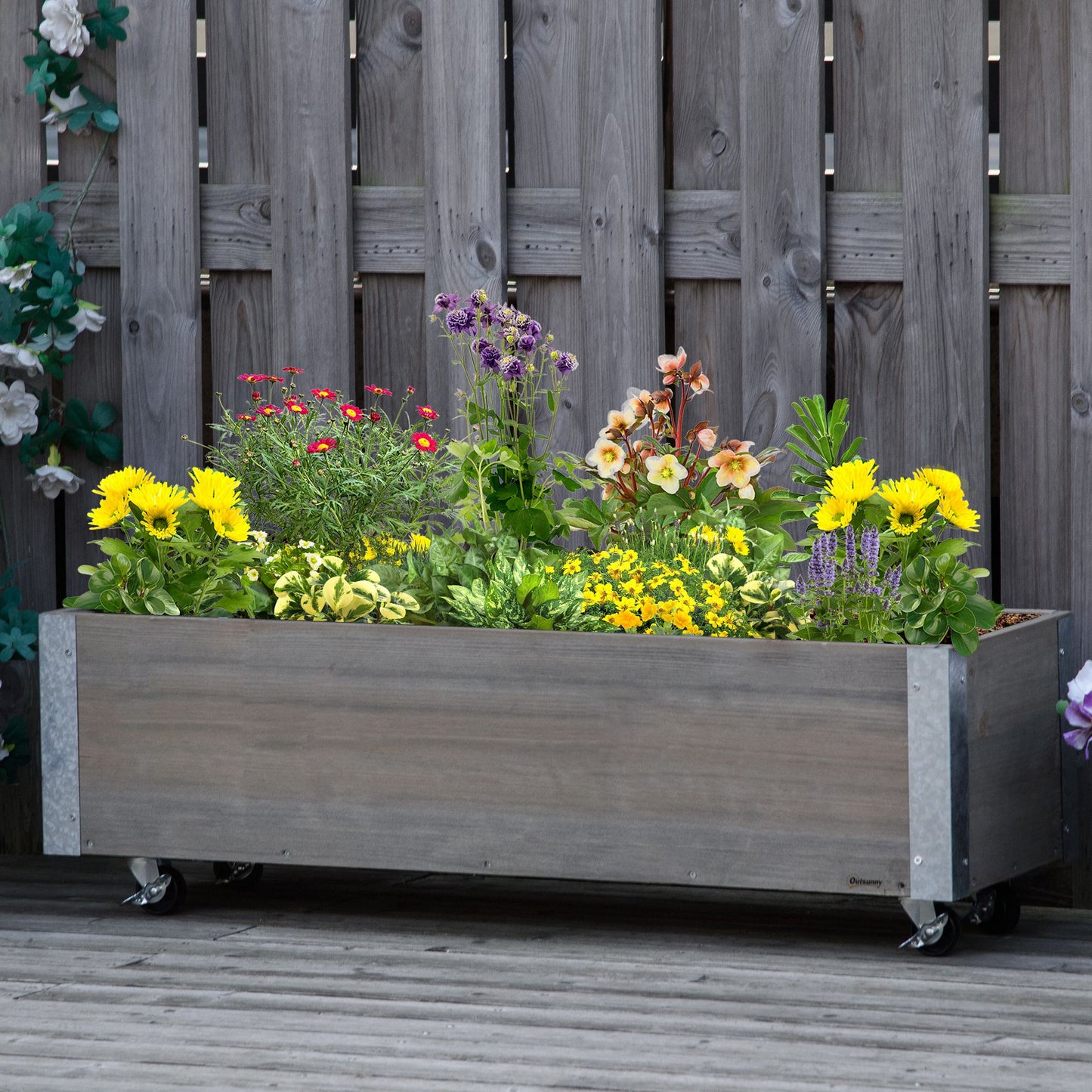 Rectangular Fir Wood Planter with Wheels and Brake, 96x30.6x30 cm, Grey