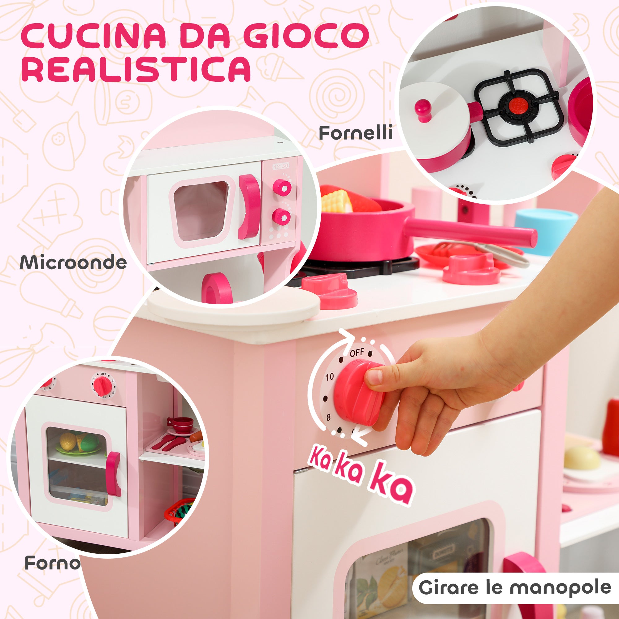 Toy Kitchen for Children 3+ Years with Microwave, Hob and Sink, Made of Wood, 55x24x86 cm, Pink