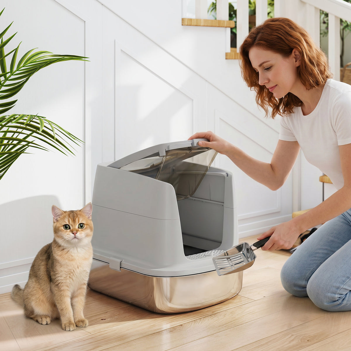PawHut Stainless Steel Enclosed Cat Litter Box with Flip Lid, Double Door, Scoop, Light Grey
