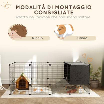 Modular Small Animal Cage with Raised Houses for Guinea Pigs and Hedgehogs, Black