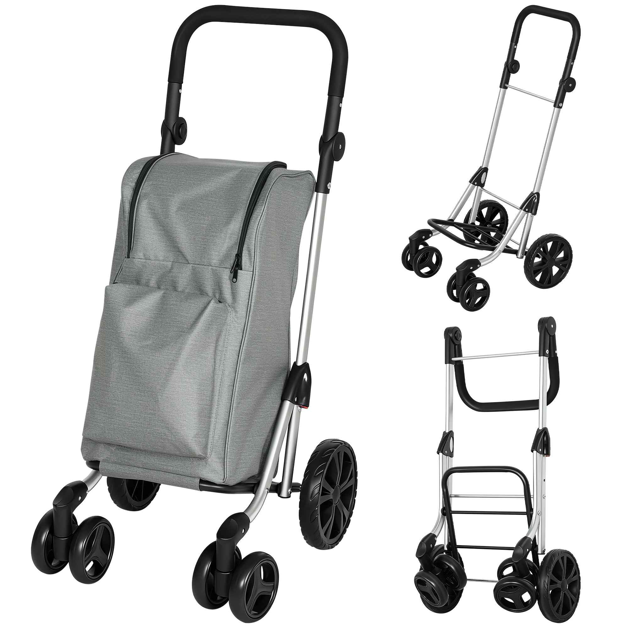 HOMCOM Folding Aluminum Shopping Cart with Wheels, 46L Bag, Refrigerated Compartment, Adjustable Handle, Gray
