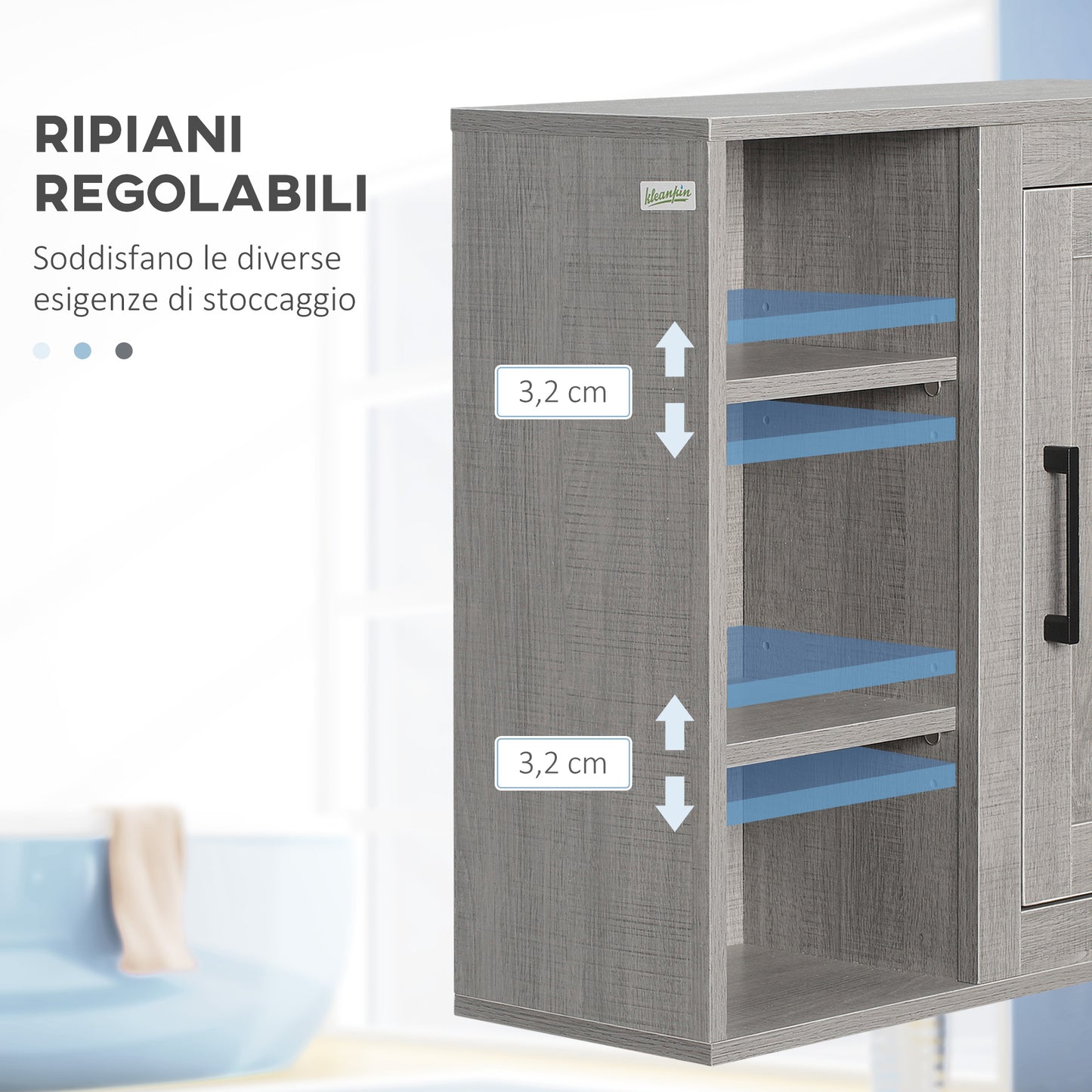 kleankin Bathroom Wall Unit with 3 Open Shelves and Chipboard Cabinet, 48x20x50cm, Gray