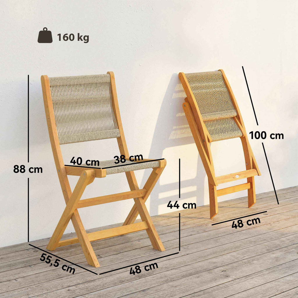 Outsunny Set of 2 Folding Garden Chairs in PE Rattan and Acacia Wood, Supports up to 160 kg, Beige