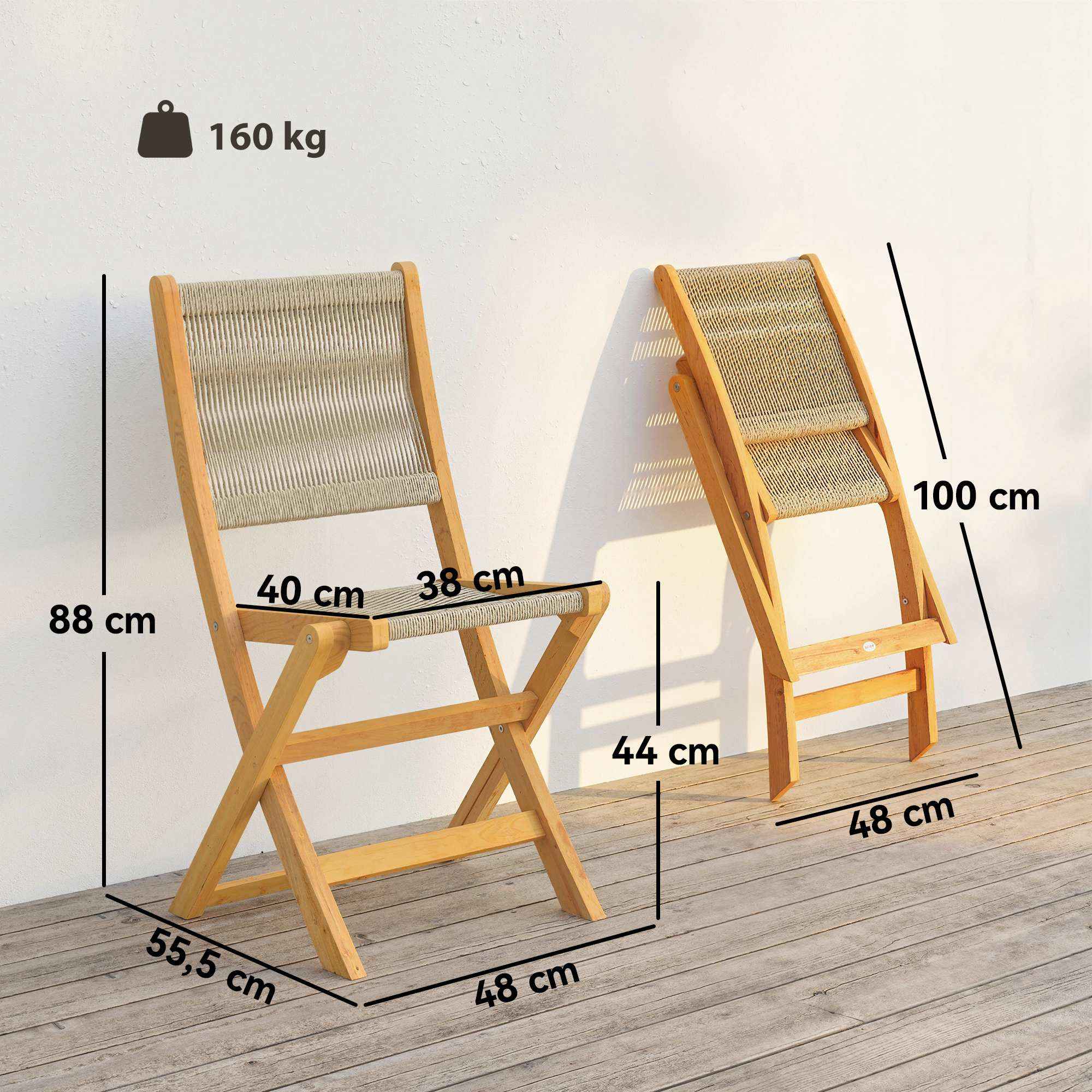 Outsunny Set of 2 Folding Garden Chairs in PE Rattan and Acacia Wood, Supports up to 160 kg, Beige