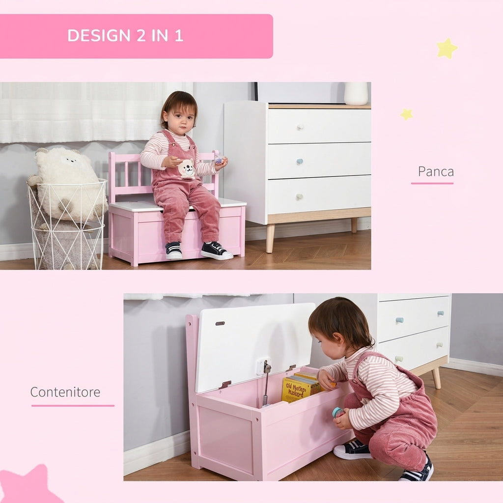 HOMCOM Wooden Storage Chest for Children Ages 2-5 with Piston for Safe Closure, 40 kg Capacity, Pink and White