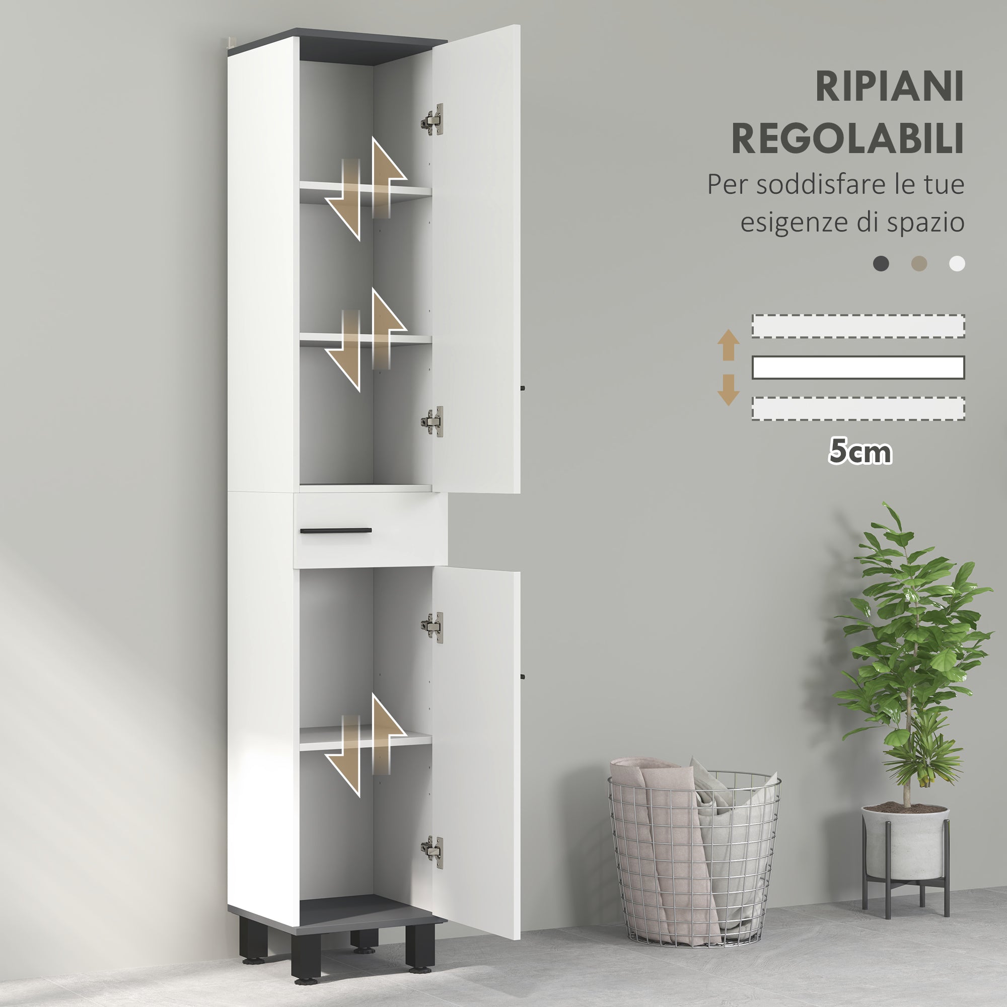 Bathroom Column Cabinet with 2 Cabinets with Adjustable Shelves and Drawer, 34x32x190 cm, White