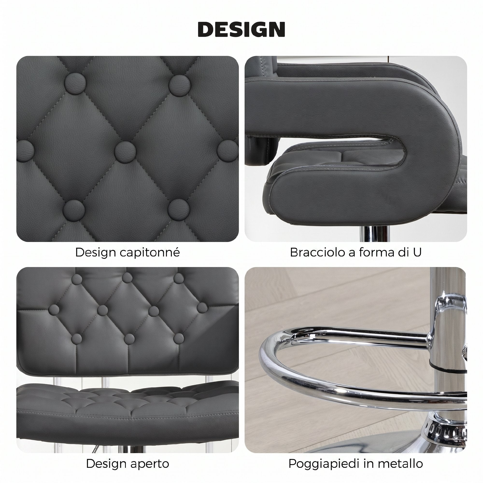 HOMCOM Adjustable Bar Stool, Extra Large Swivel PU Leather Seat, Grey