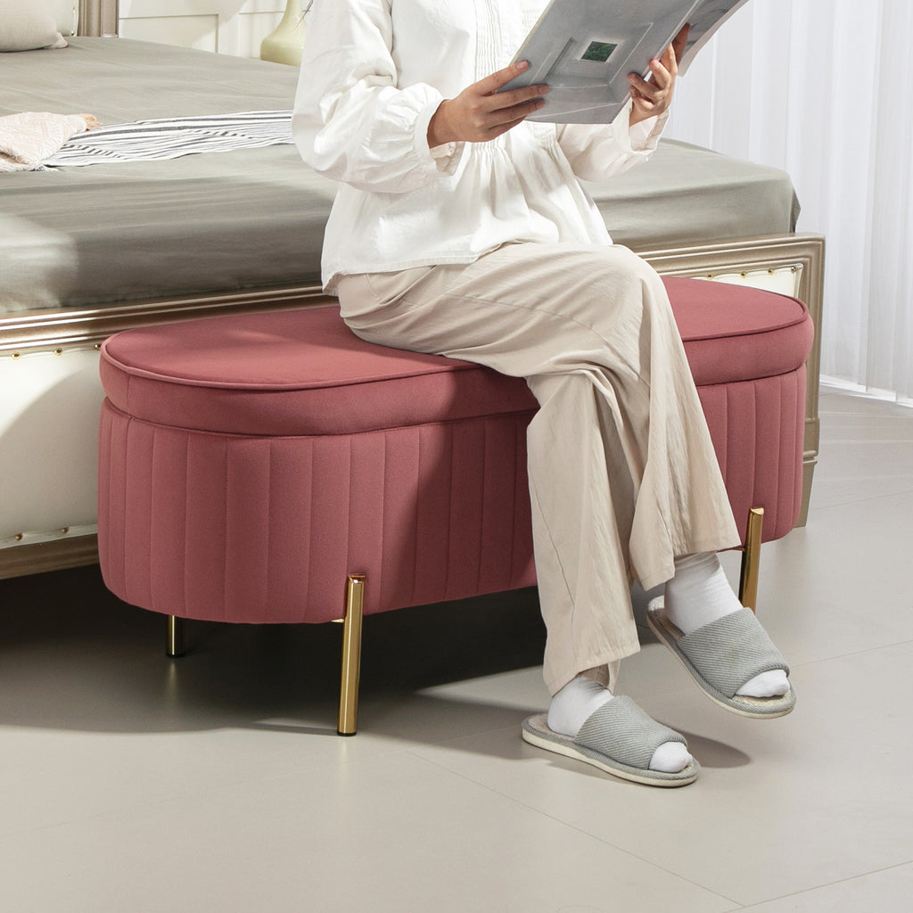 HOMCOM 72L Oval Storage Bench with Lift-Top Lid, Velvet Fabric and Wood, 108x44x43.5 cm, Pink