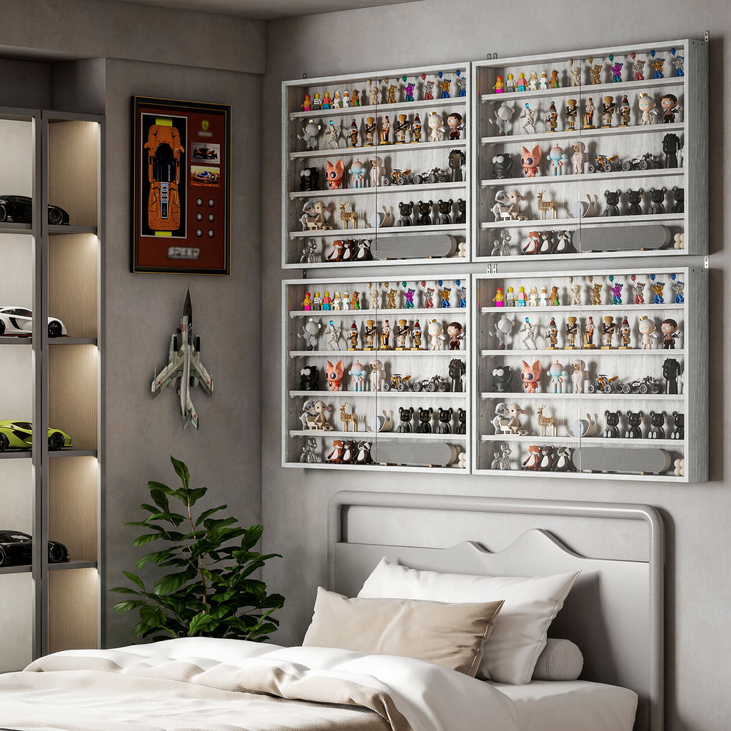 HOMCOM 4-Tier Adjustable Wooden Collectibles Display Cabinet with Glass Doors, 80x9.5x60 cm, Grey