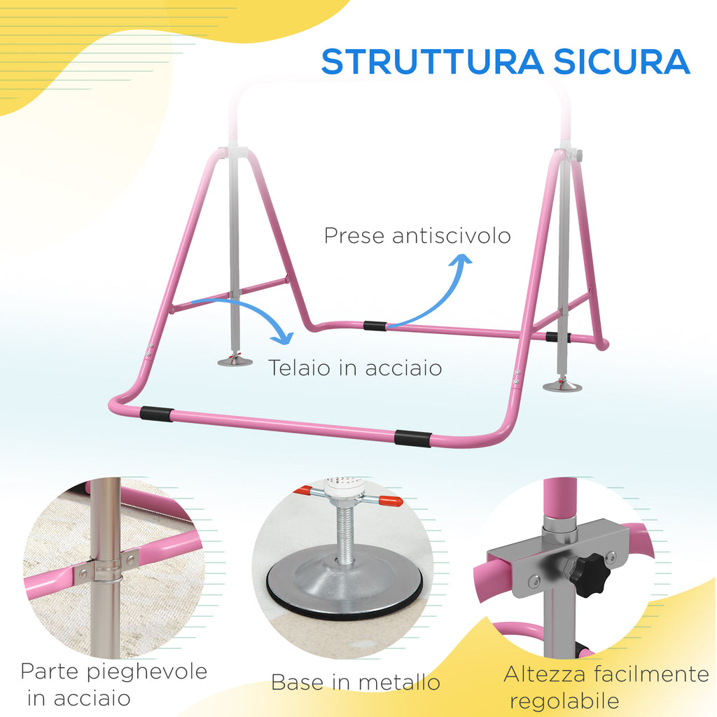 Folding Pull Up Bar for Children 3-8 Years with Adjustable Heights in Steel, 154x106.2x88.5-128.5cm, Pink