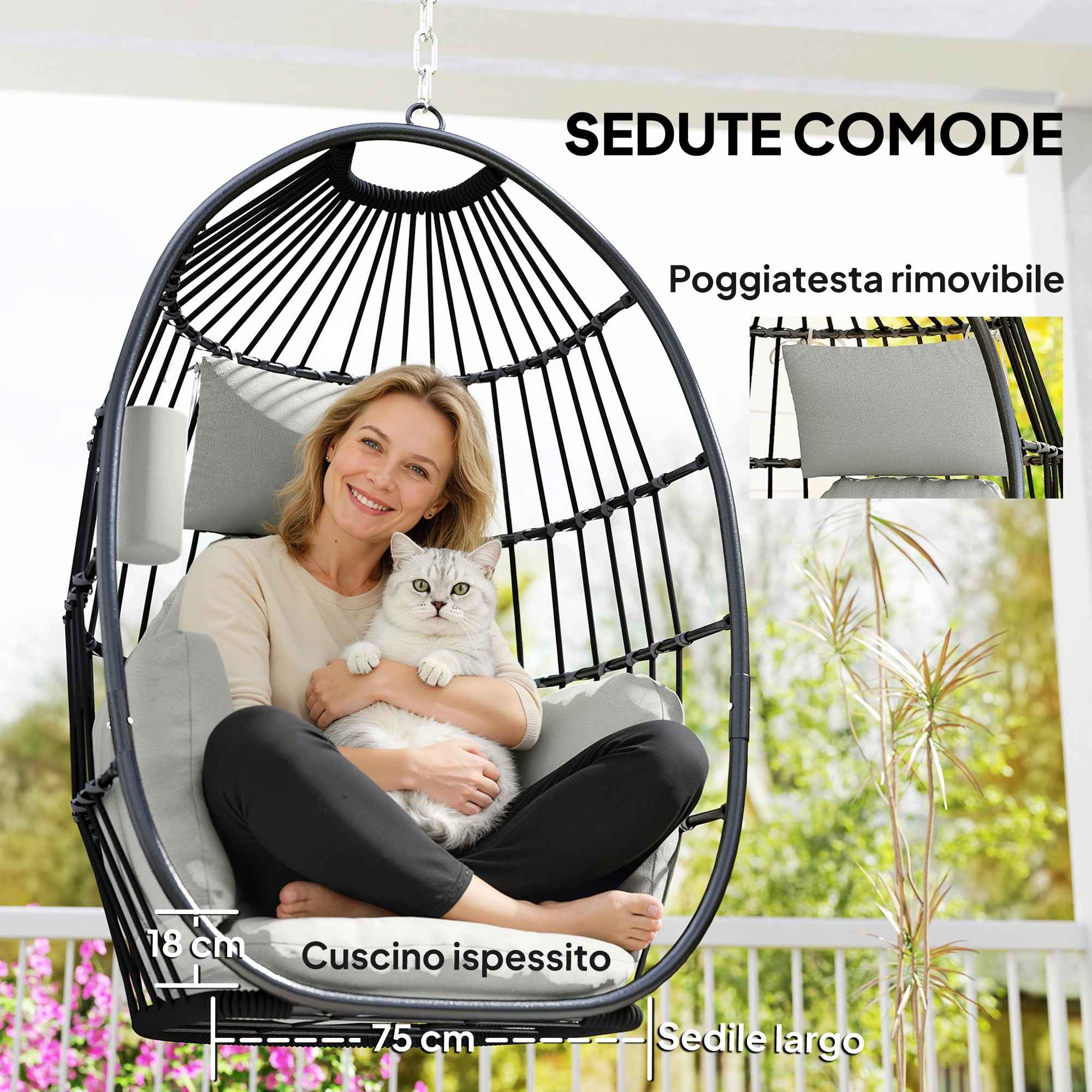 Outsunny Hanging Egg Chair with Hook, Cushion and Headrest, in Steel and Polyester, 75x62x107 cm, Grey