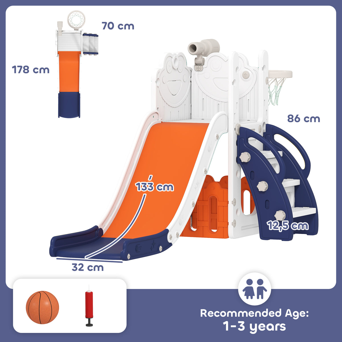 AIYAPLAY 5-in-1 Kids Slide Set with Basketball Hoop, Ladder, Telescope and Storage Containers, Ages 1-3 Years, Dark Blue
