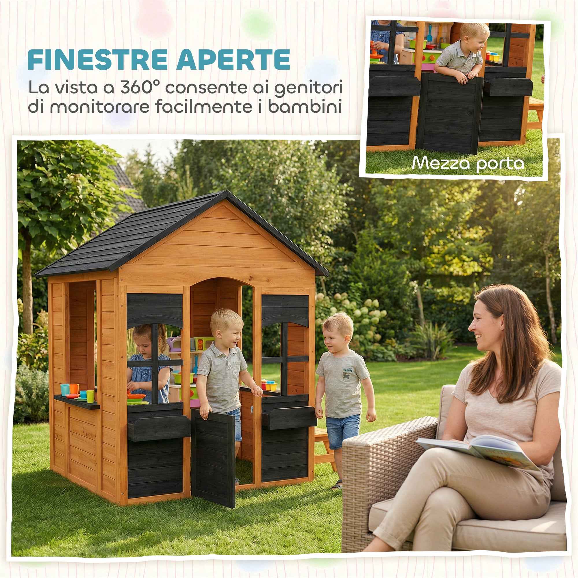 Kids Wooden Playhouse with Flower Pots, for Indoor/Outdoor Play, Ages 3–8, Brown