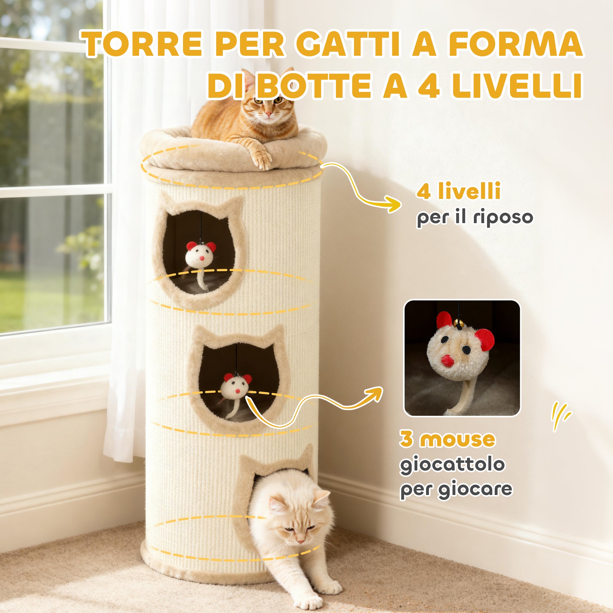 Cat Scratching Tower, 96 cm High, with 3 Cat Houses and a Removable and Washable Upper Bed, Cream
