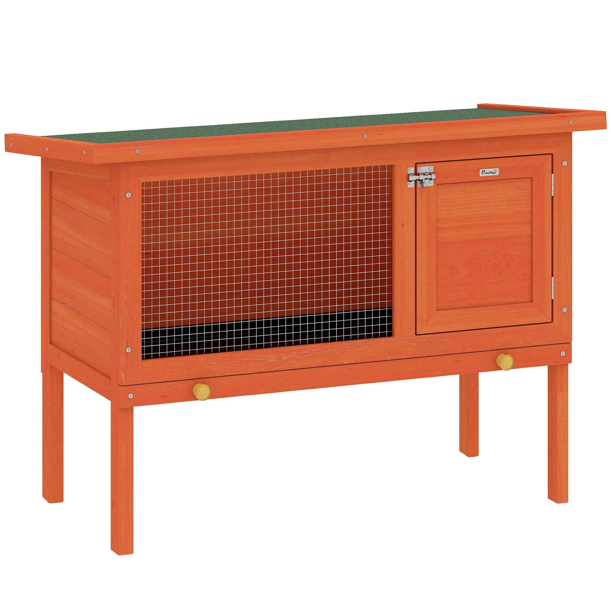 PawHut Outdoor Rabbit Hutch in Pine Wood with Removable Tray, Opening Roof and Lockable Door, Orange