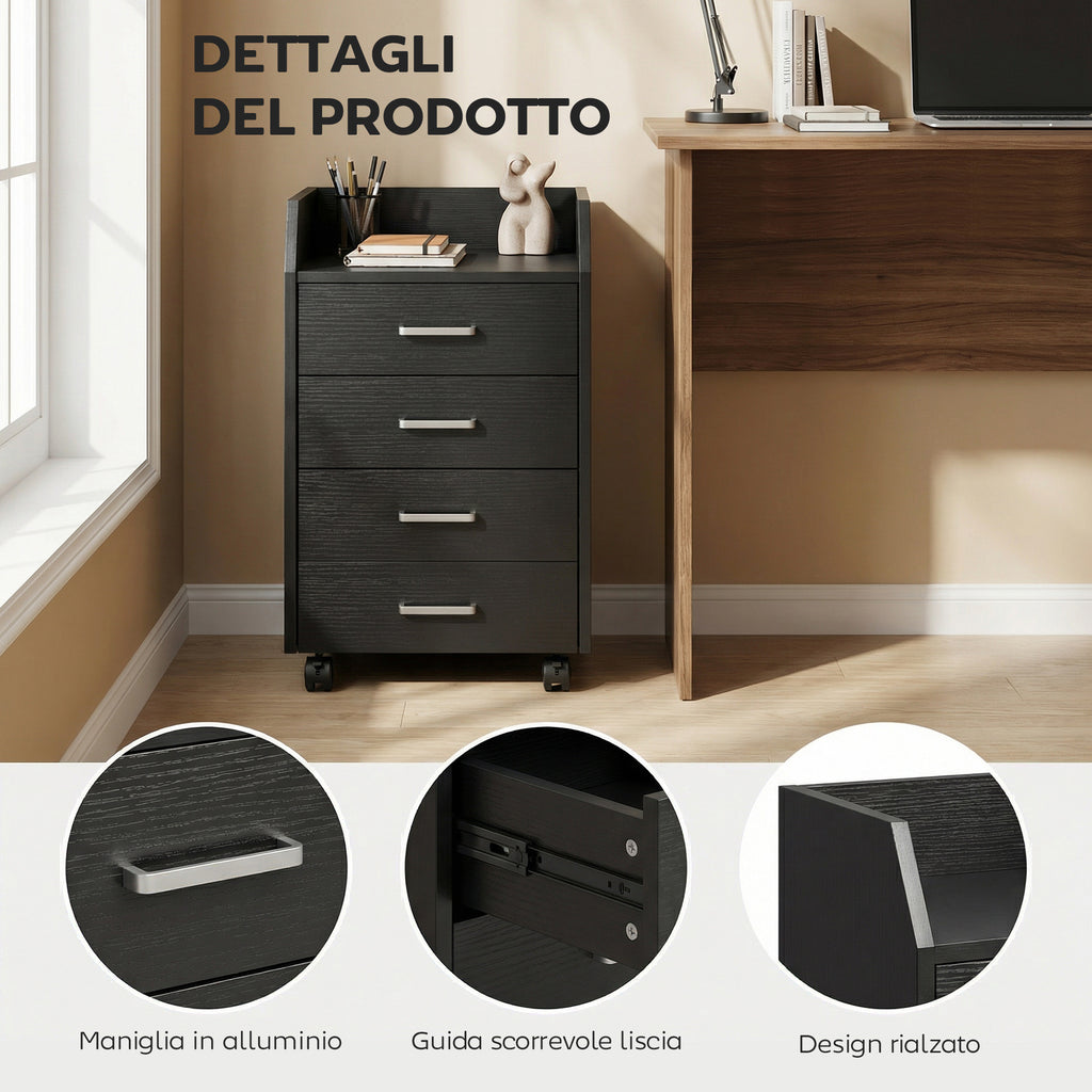 Small Chest of Drawers with 4 Drawers, Vertical Cabinet on Wheels, 40 x 36 x 65 cm, Black Wood Effect