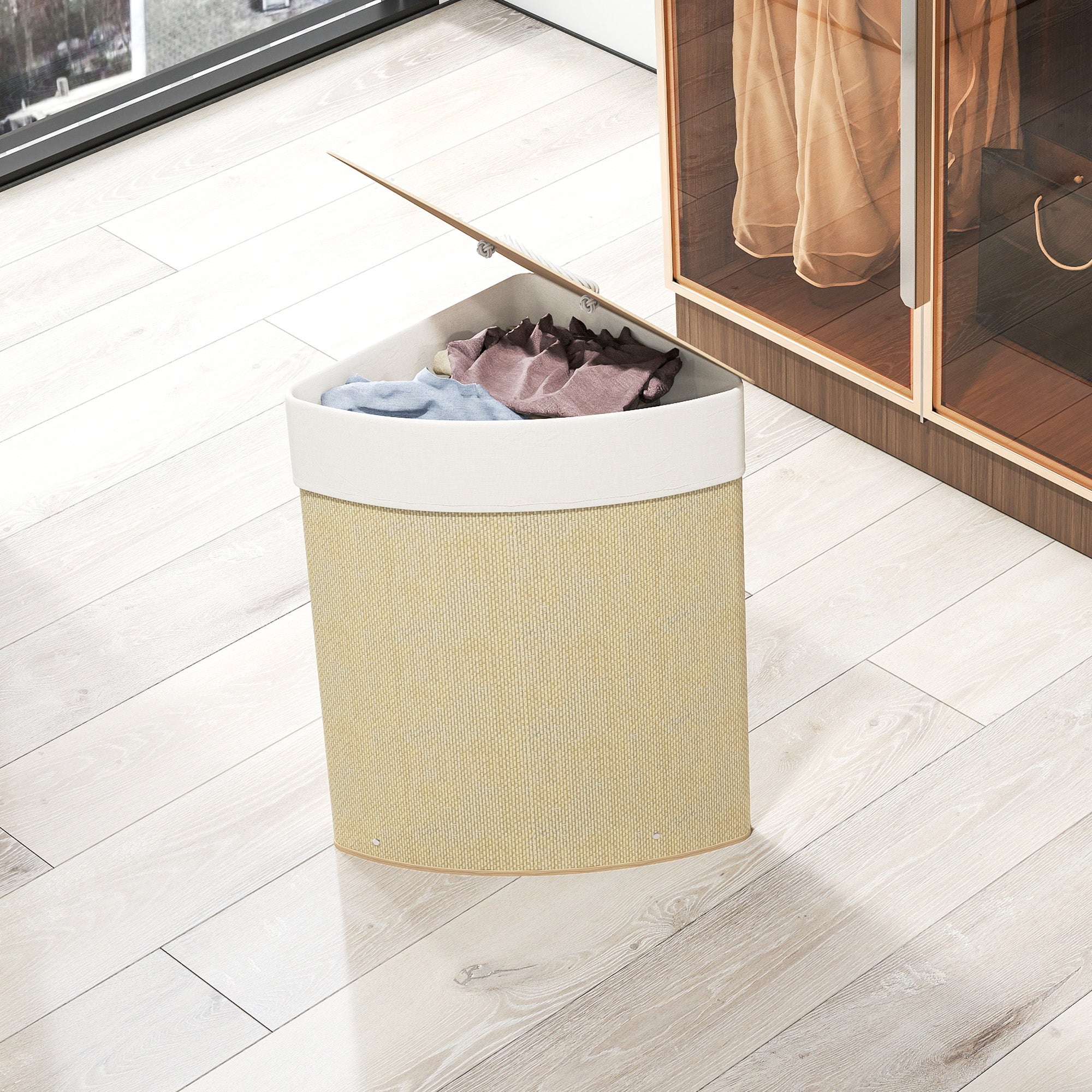 HOMCOM 55L Corner Laundry Hamper with Removable Bag and Removable Lid, Bamboo, 35x35x60 cm, Wood Color