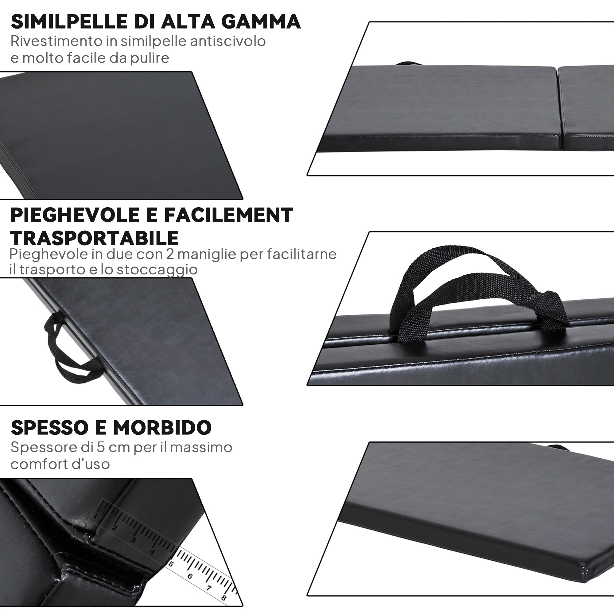 Foldable Gymnastics Mat, 5cm Thick and Non-Slip Fitness Mat, 180x60x5cm, Black