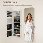 HOMCOM Wall-Mounted and Door-Mounted Jewelry Mirror with Illuminated Interior Mirror and Lock, 37x10x120 cm