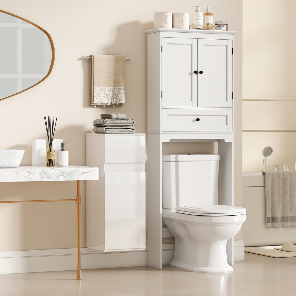 Wall-Mounted Bathroom Cabinet with Drawer, Glossy Door and Adjustable Glass Shelf, White