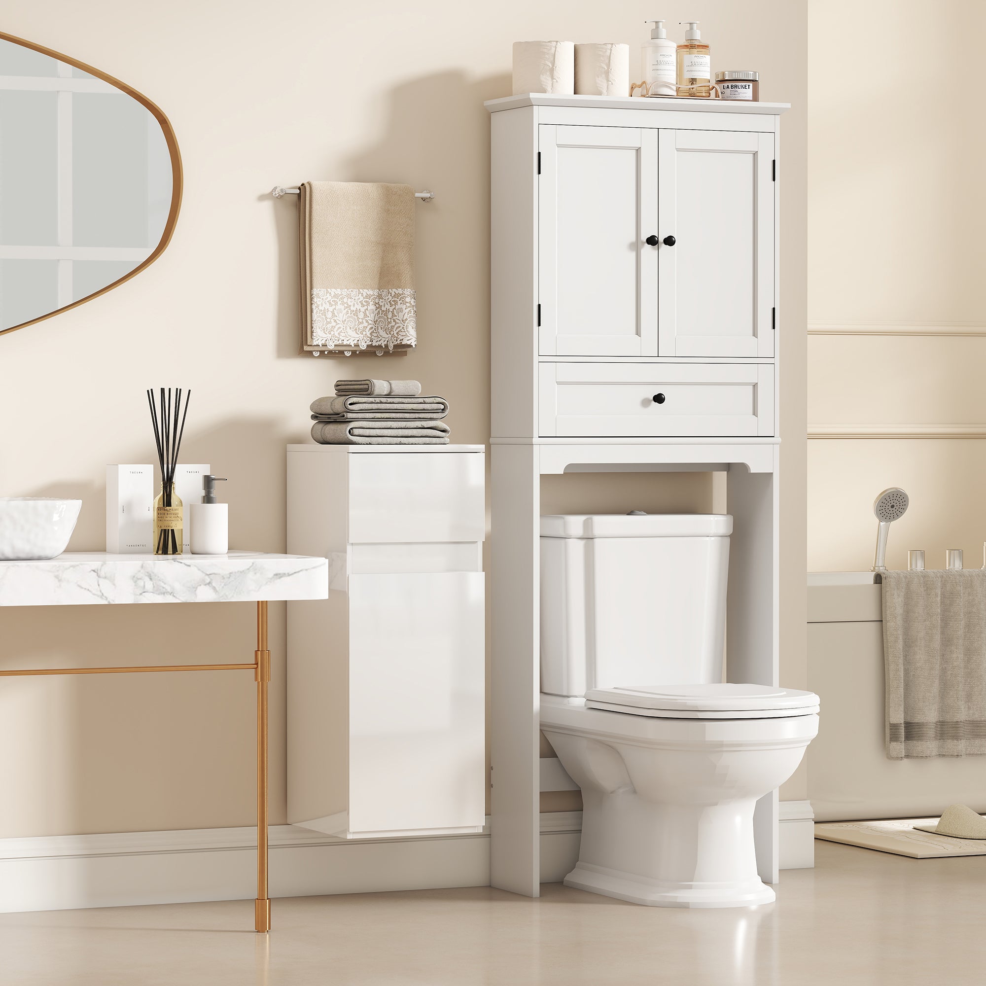 Wall-Mounted Bathroom Cabinet with Drawer, Glossy Door and Adjustable Glass Shelf, White