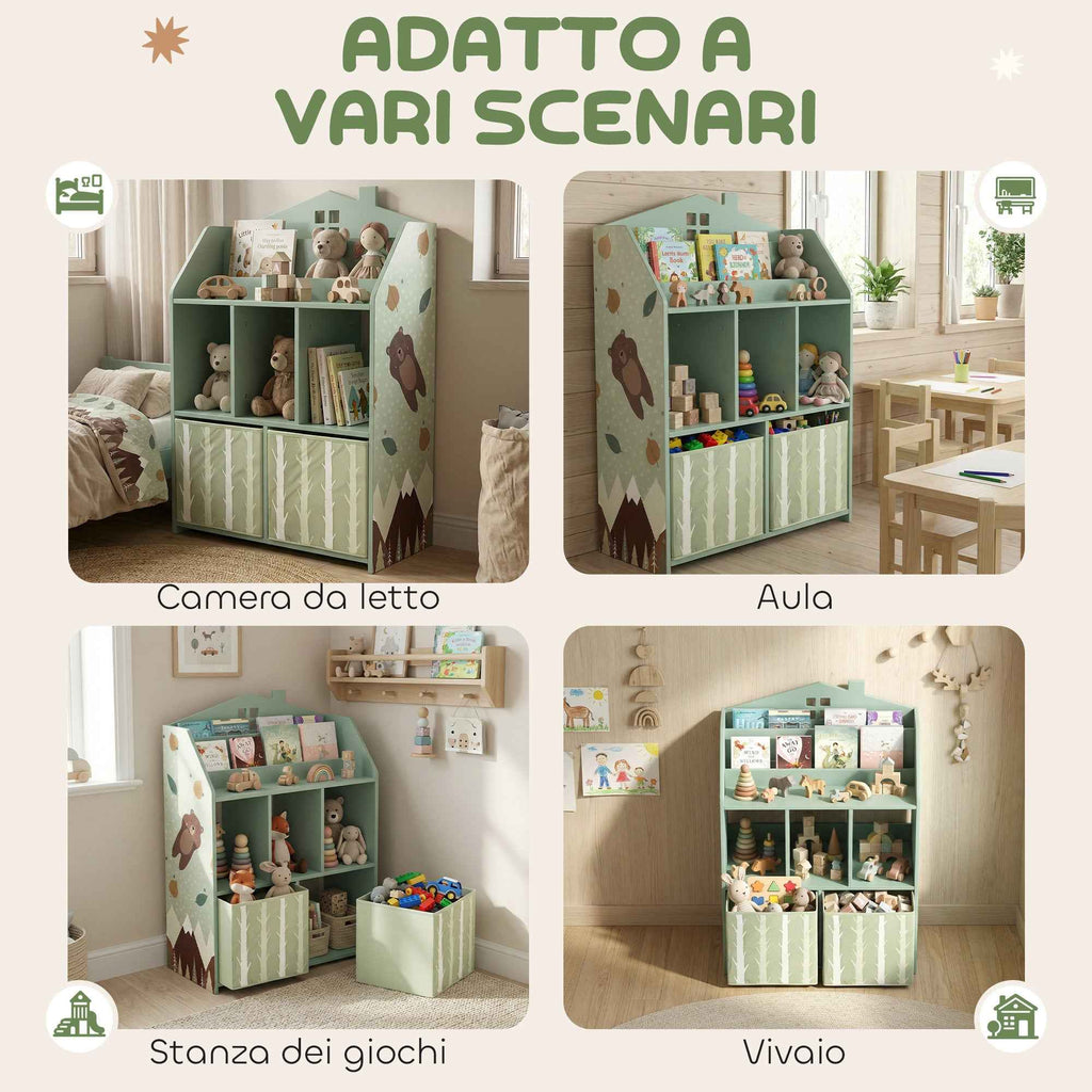 AIYAPLAY Children's Toy Storage Shelf in FSC Wood, 2 Removable Fabric Bins and Shelves, for Children's Bedroom, Green