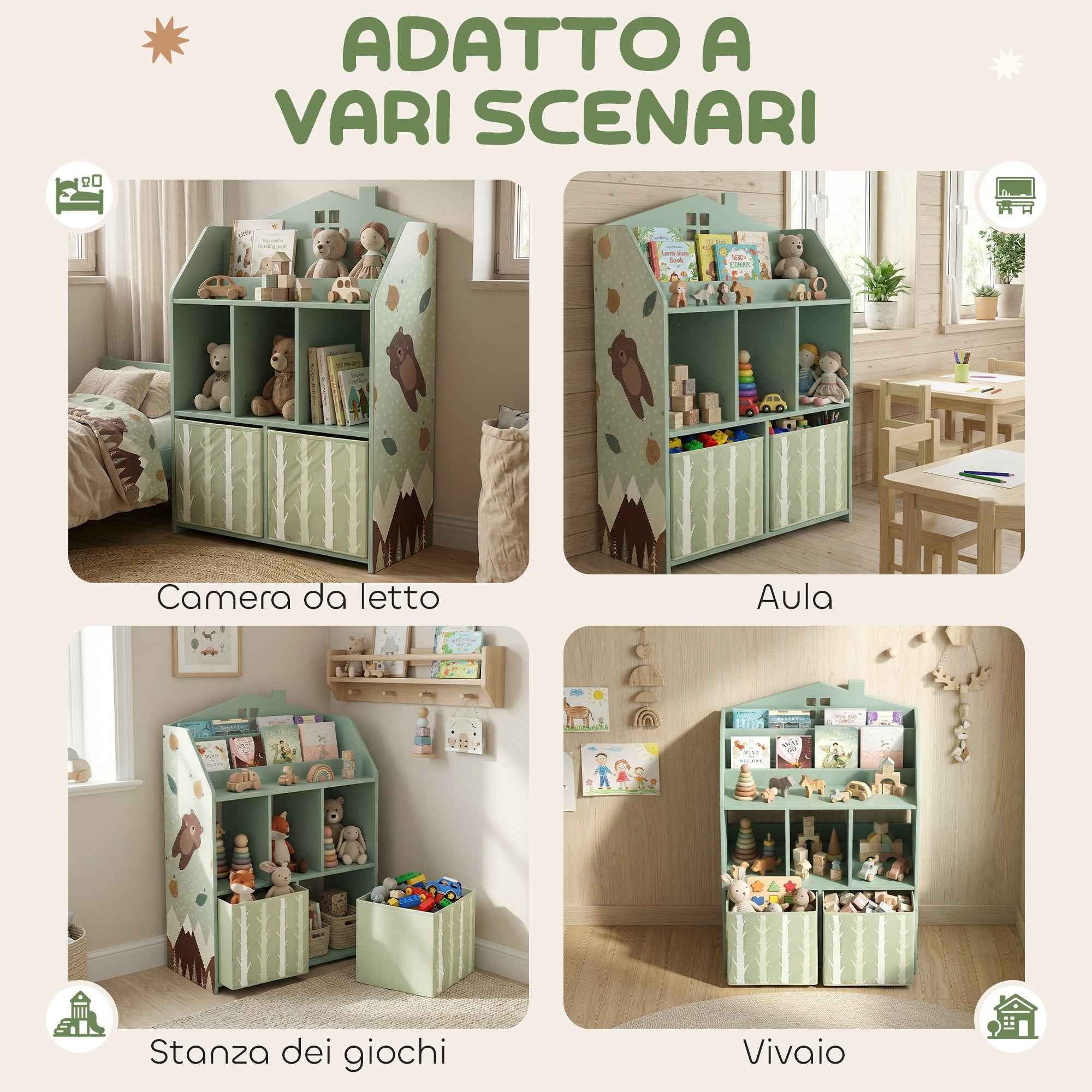 AIYAPLAY Children's Toy Storage Shelf in FSC Wood, 2 Removable Fabric Bins and Shelves, for Children's Bedroom, Green