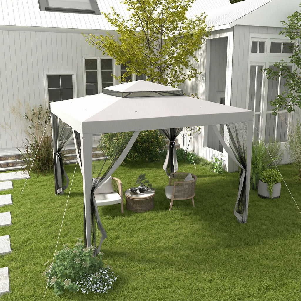 Outsunny 3x3 m Garden Gazebo with Mosquito Net, Double Roof and 8 Holes, in Steel and Polyester, Grey