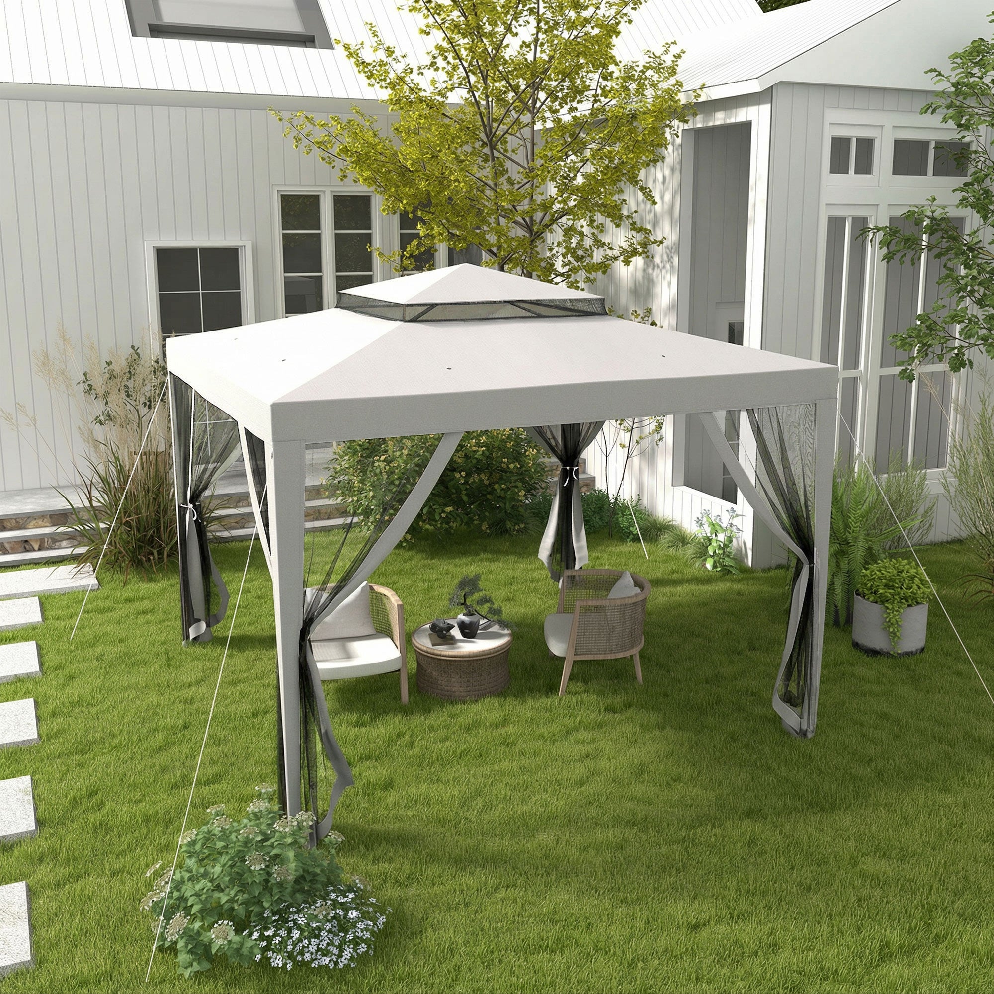 Outsunny 3x3 m Garden Gazebo with Mosquito Net, Double Roof and 8 Holes, in Steel and Polyester, Grey