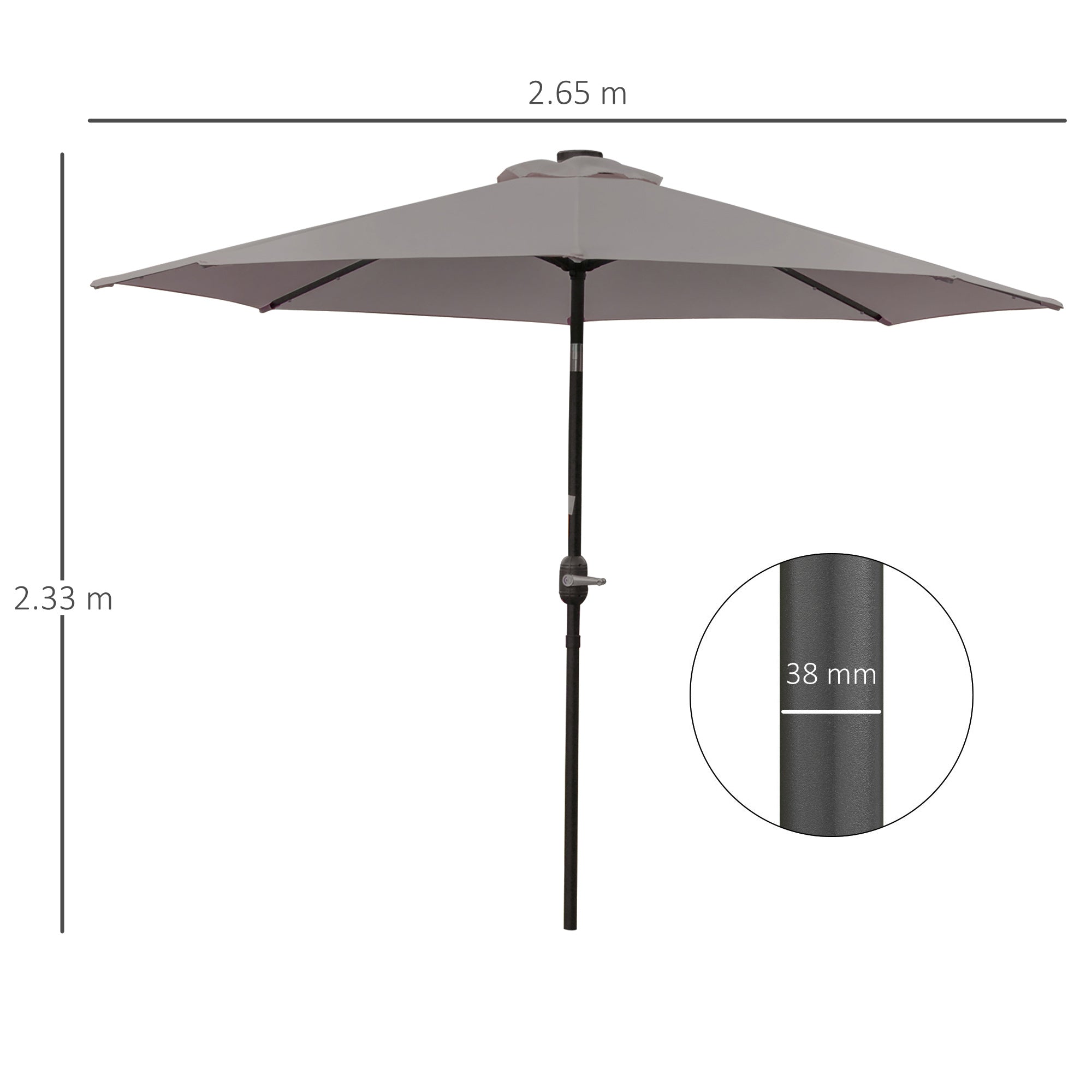 Outsunny Tilting Garden Umbrella Ø265 cm with 32 Solar LED Lights and Crank Handle, Grey