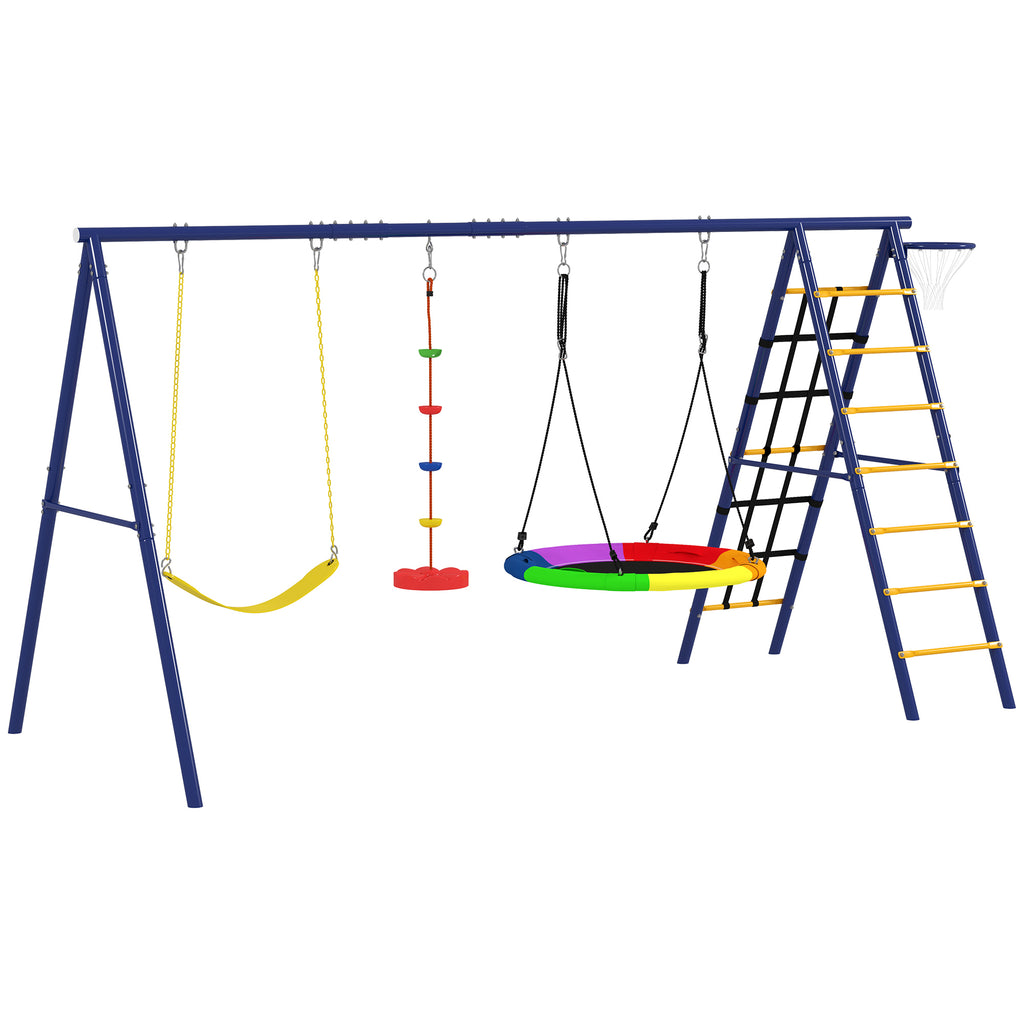Children's Play Set 3-8 Years with 3 Swings, Rope Ladder and Basketball Hoop, in Steel, PE and PP, 3.5x1.8x2 m