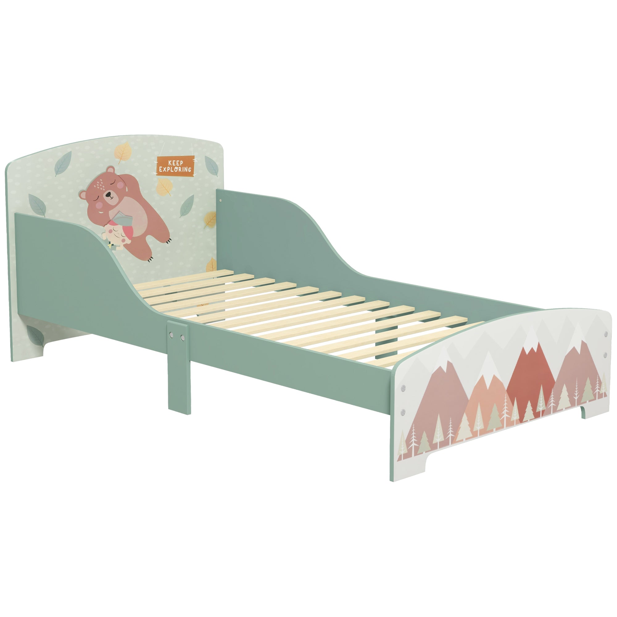 Bed for Children 3-6 Years with Raised Edges, Slats and Animal Pattern, 140x70 cm, Green