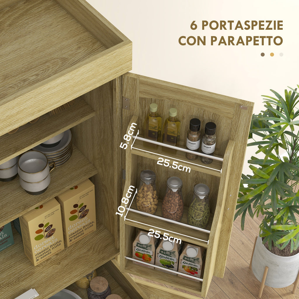 Boho Style Kitchen Sideboard with 2 Cabinets, Drawer and Spice Rack in Wood and Rattan, 76x40x183cm, Oak