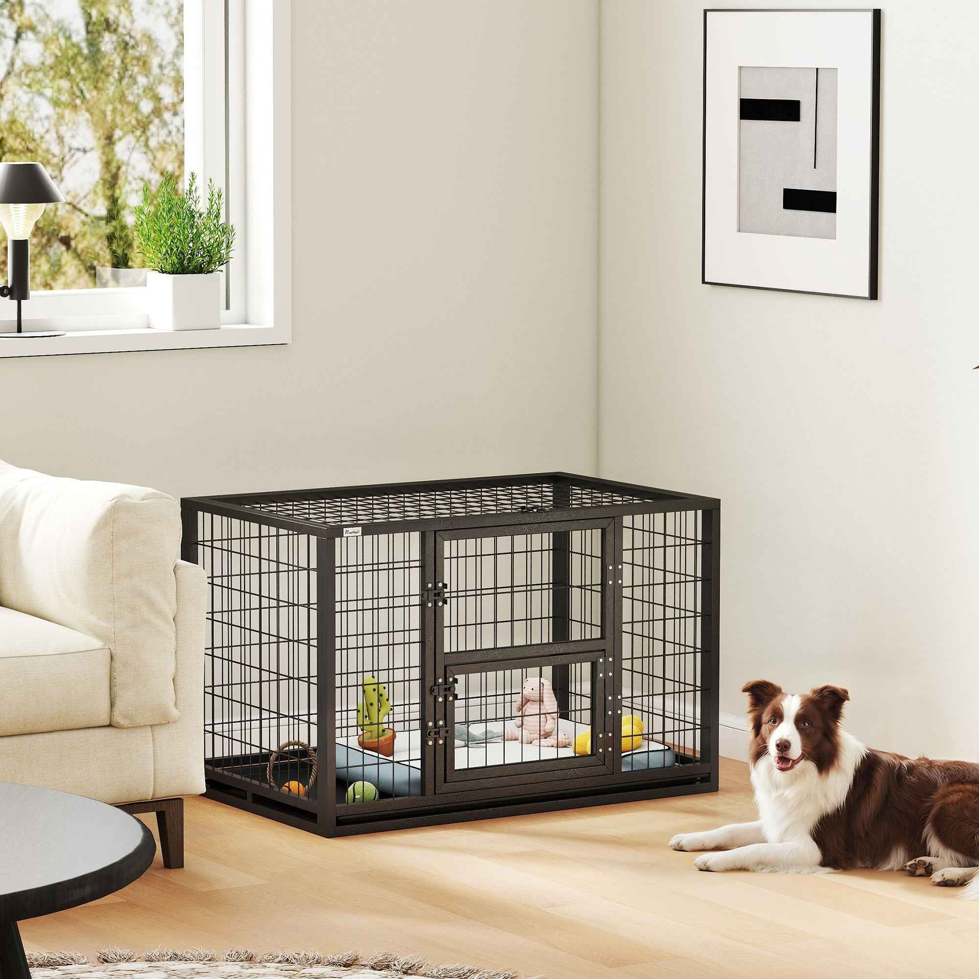 PawHut Sturdy Dog Cage, 94x60x64 cm, with Removable Tray.