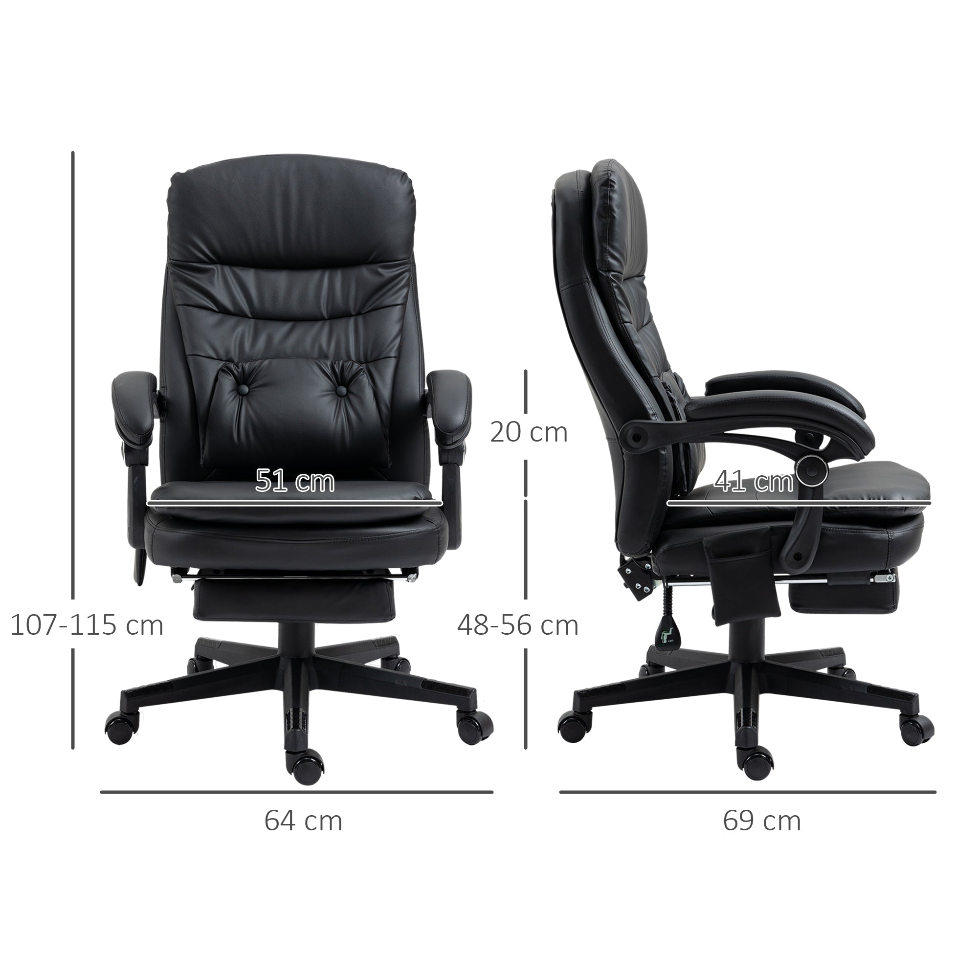 Faux Leather Massage Office Chair with USB Port, 64x69x107-115cm, Black