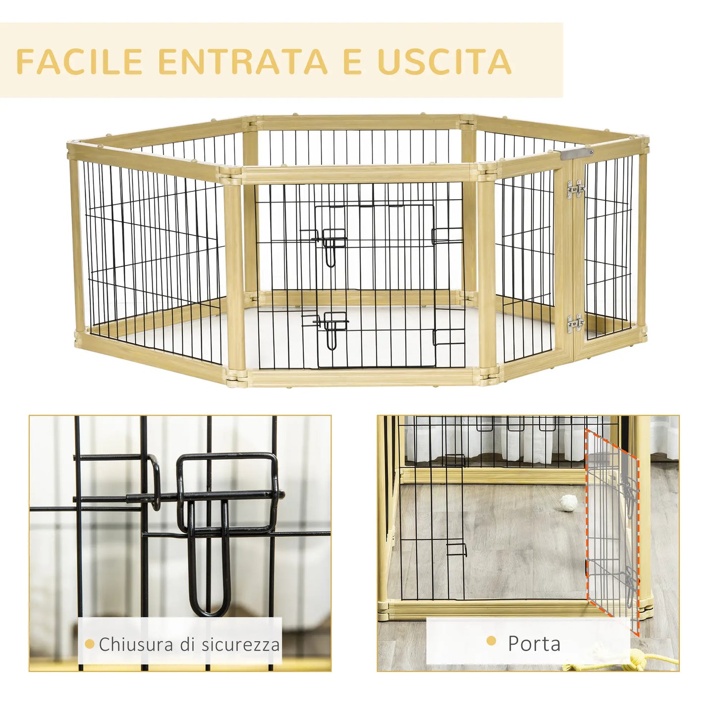 Dog Playpen, Pet Enclosure, 6 Panels with Door and Double Latches, 70x62cm